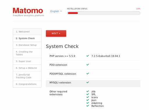 Matomo VPS installation: The system check