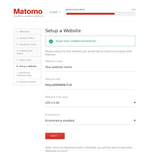 Matomo VPS installation: Setting up the first website