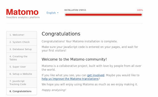 Matomo VPS installation: You're all set up!