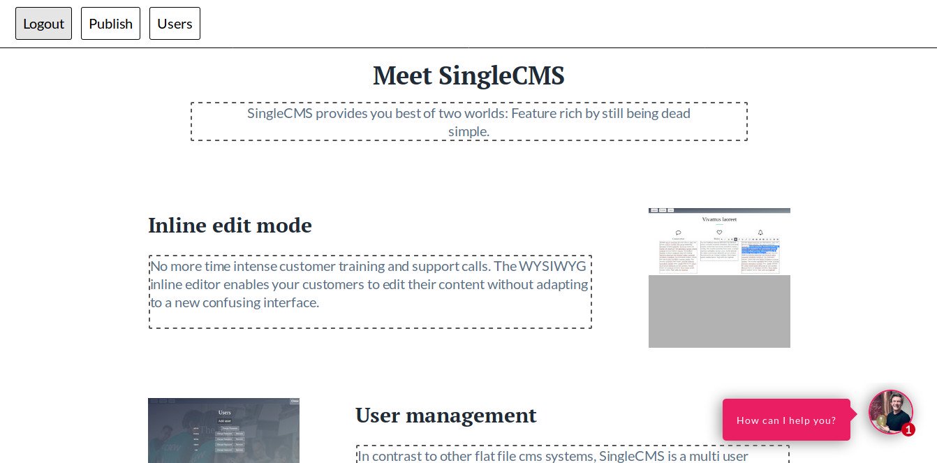 A screenshot of the SingleCMS interface