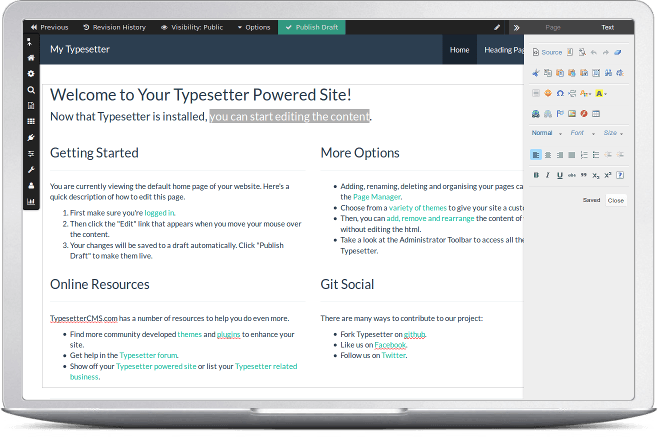 The interface for Typesetter, a flat-file WordPress alternative